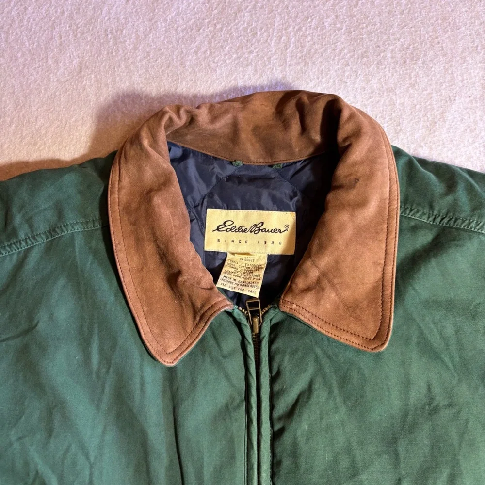 Vintage Eddie Bauer Mens Goose Down Field Coat Barn Jacket Green Suede‎ Collar S